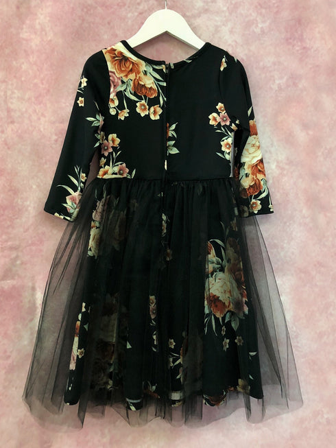 Petite Adele Girls Black Floral Print Bow Accent Overlaid Christmas Dress 2T-8 - SophiasStyle.com
